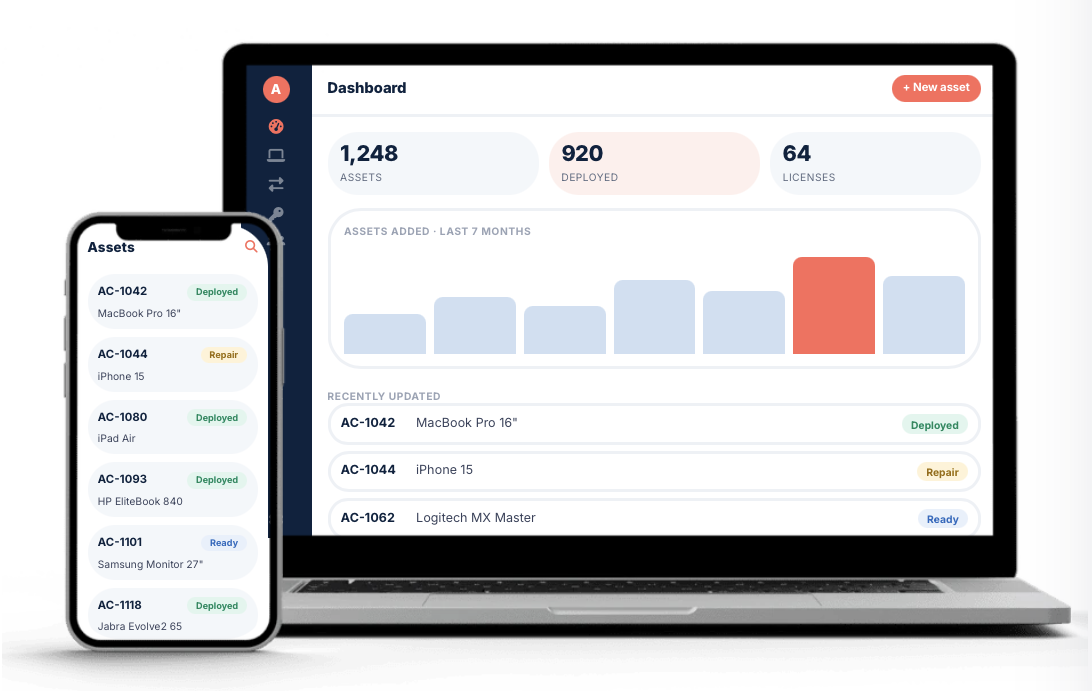SimpleAMS dashboard showing asset counts and a recently updated list, alongside the asset list on a phone