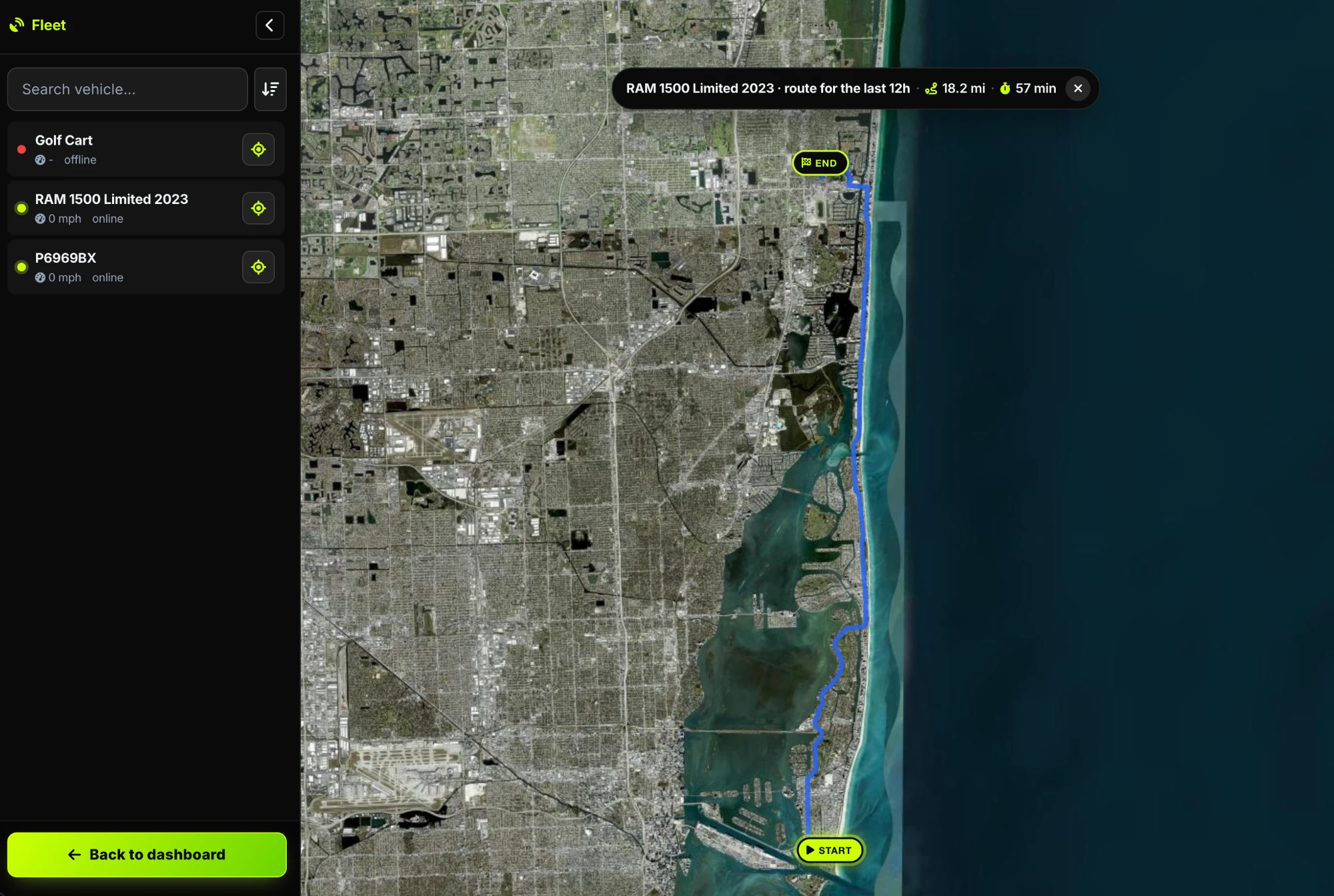 SimpleGPS fleet view: three vehicles in the sidebar with online and offline status, and the route one of them drove over the last 12 hours traced on a satellite map